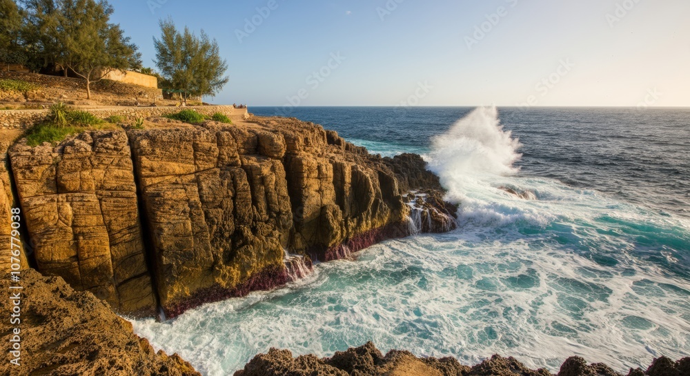 Obraz premium Ocean Waves Crashing Against Rocky Coastline