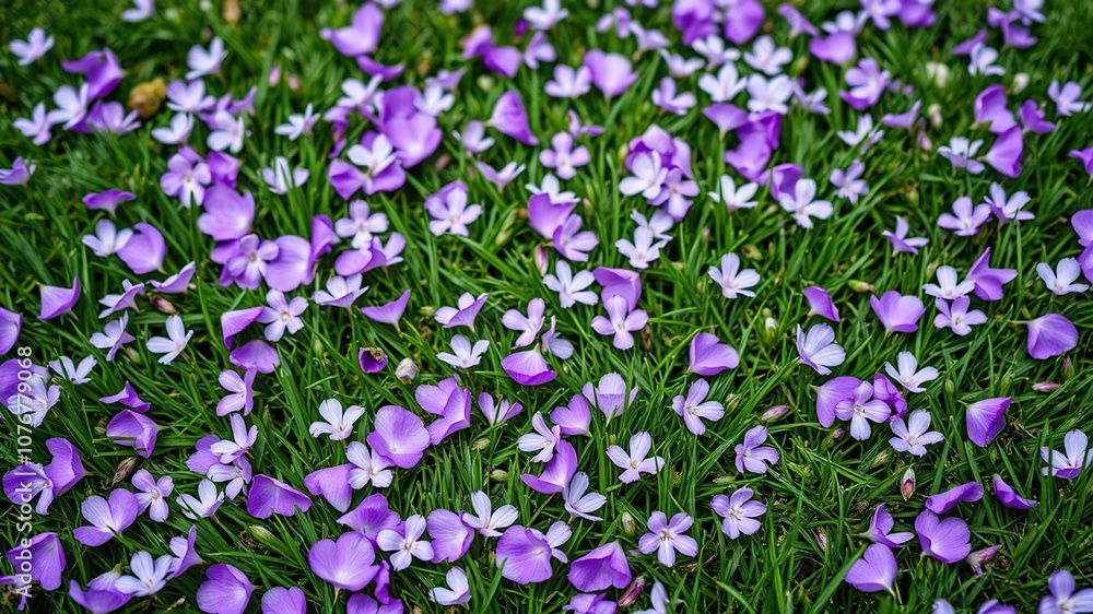 Delicate purple flower petals scattered on a green grassy meadow, outdoor, botanical, natural Delicate purple flower petals scattered on a green grassy meadow, outdoor, botanical, natural