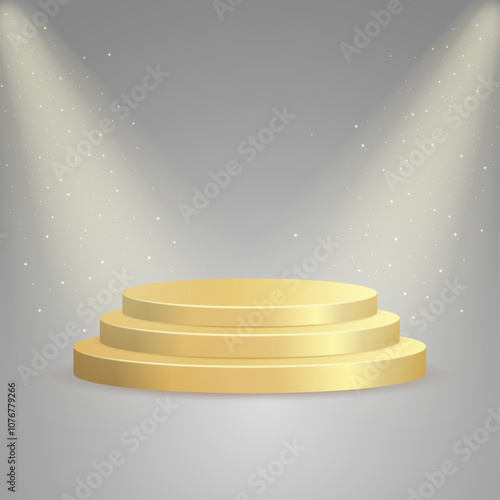 Gold podium with lights on dark grey background. Gold pedestal with stairs.	
