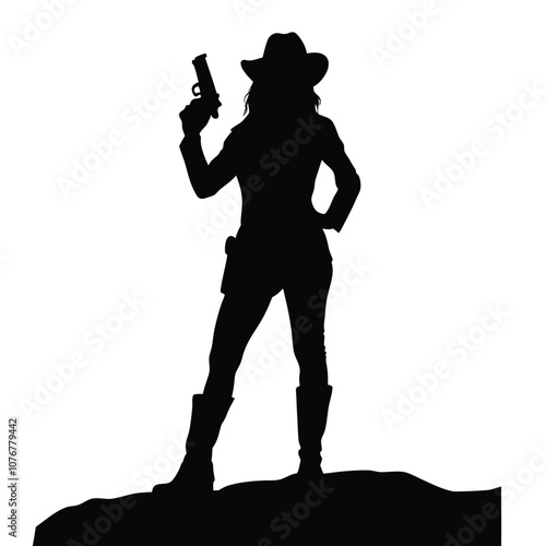 A woman is holding a gun. She is wearing a cowboy hat. She is standing in front of a white background