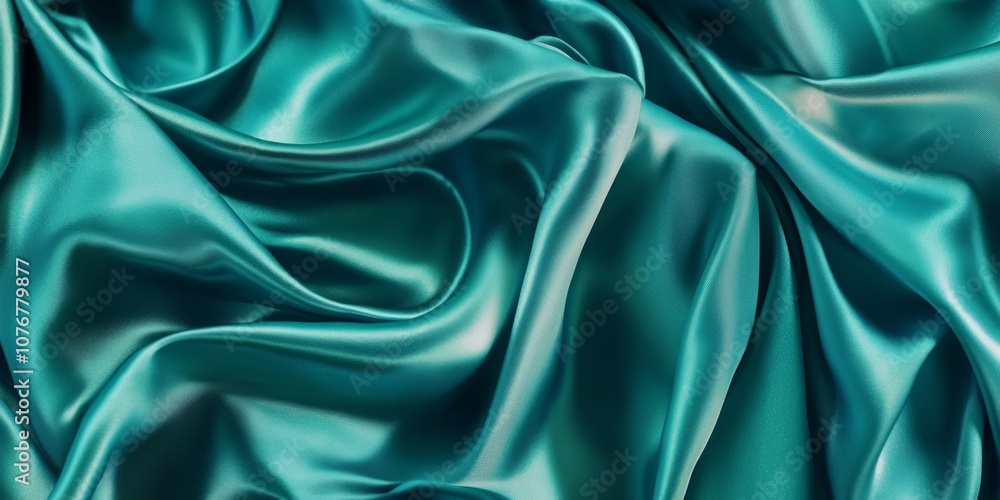 Obraz premium Luxurious green satin fabric with rich folds, creating a soft and flowing texture. Elegant and vibrant material ideal for backgrounds, banners, or fashion-themed projects.