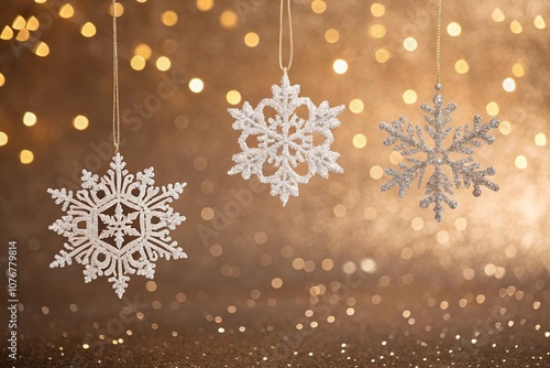 Delicate snowflakes suspended in a delicate bokeh light with a rich glitter background, wispy, shimmering, christmas photo