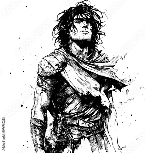 A black and white drawing of a man with long hair looking upwards.