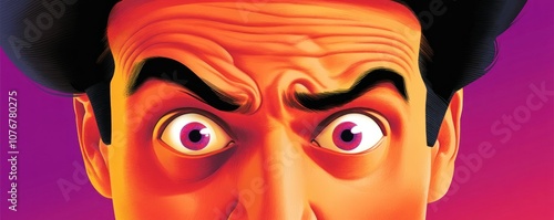 Close-up of a cartoon character with exaggerated features and vibrant colors, expressing surprise. photo