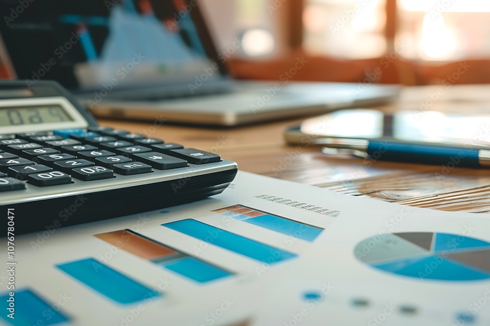 Calculator, pen and financial charts on table Calculator, pen and financial charts on table