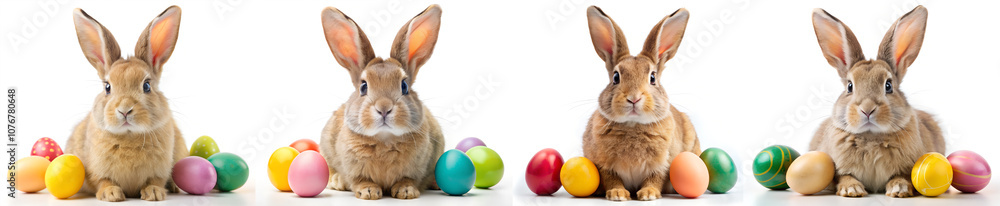 Obraz premium Set of cute little bunnies and easter eggs on a white background.
