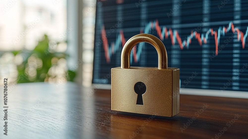 Fototapeta premium A digital illustration of a padlock over financial data symbols representing fintech security with side empty space for text Stockphoto style
