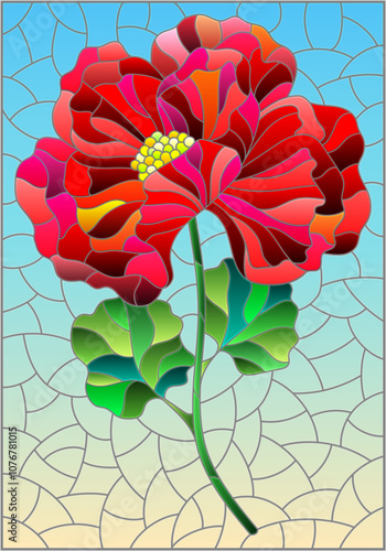 Stained glass illustration with a bright poppy flower on a blue sky background