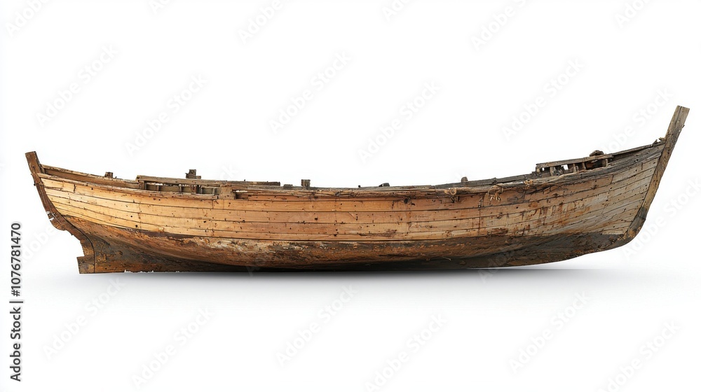 A weathered wooden boat displayed horizontally, showcasing its structure and craftsmanship. A weathered wooden boat displayed horizontally, showcasing its structure and craftsmanship.