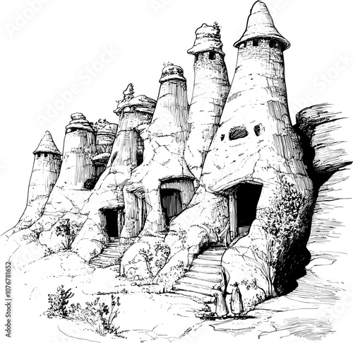 Black and white sketch of a rock formation with multiple caves and towers.