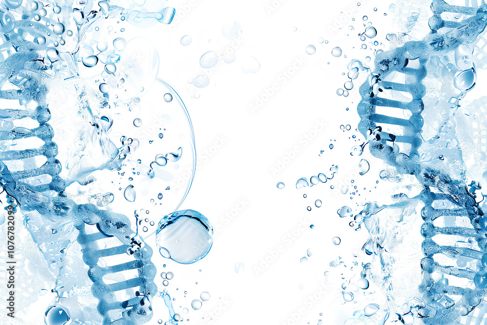 blue and white background with helix DNA strands, surrounded by bubbles ...