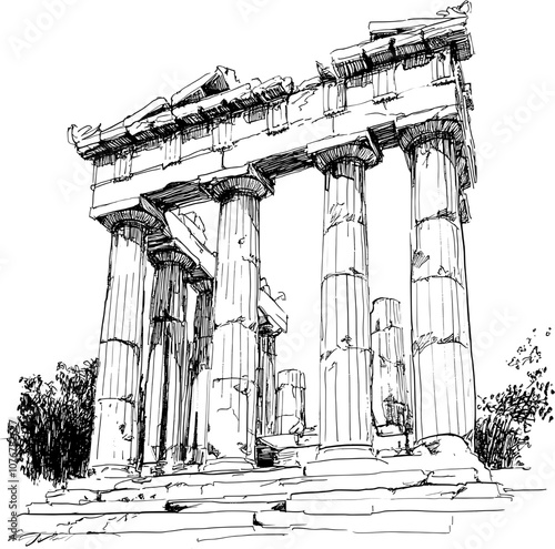 Hand drawn sketch of a greek temple ruin with pillars.