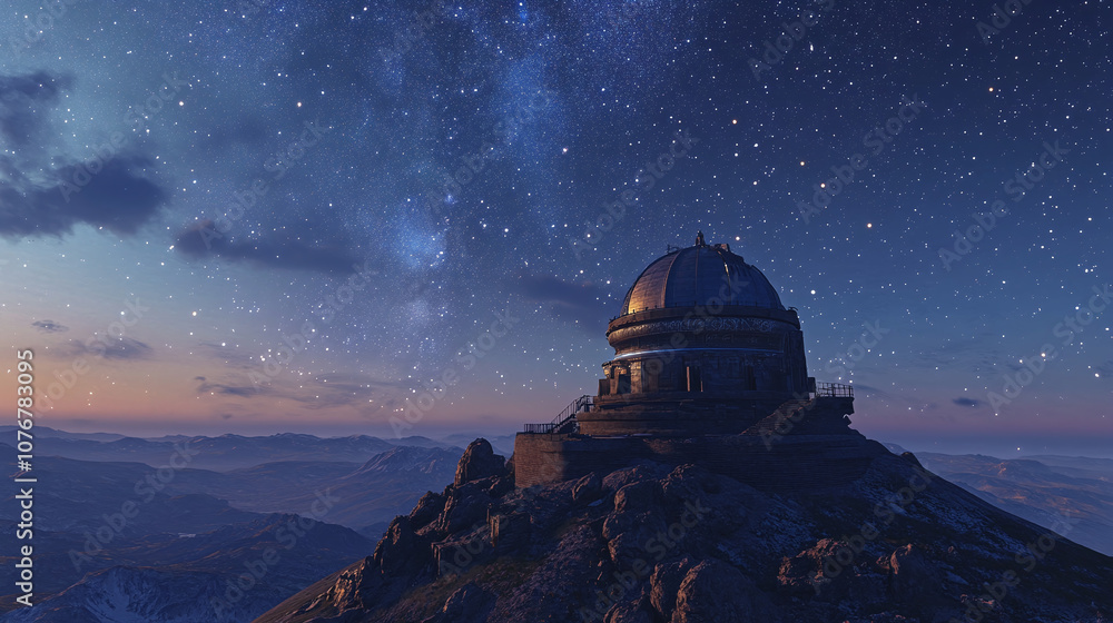 A scenic vista of an ancient observatory built on a mountain, overlooking a starry sky with celestial instruments A scenic vista of an ancient observatory built on a mountain, overlooking a starry sky with celestial instruments