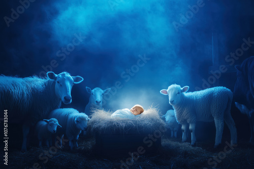 Nativity Scene Jesus Child Sleeping in Manger Nearby Animals photo