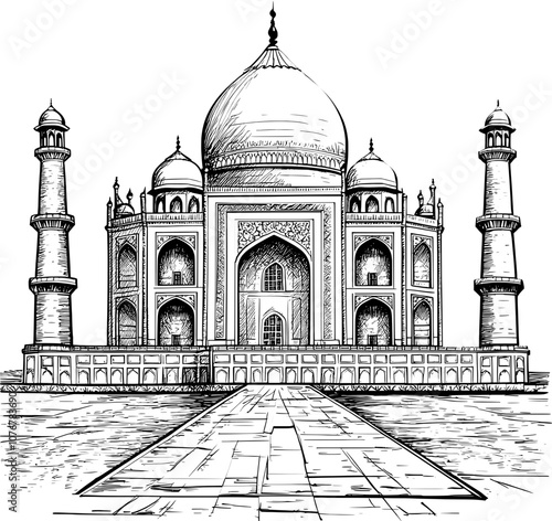 Hand drawn sketch of the Taj Mahal, a famous mausoleum in Agra, India.