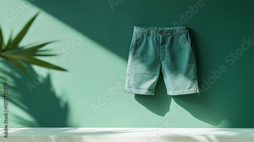 Wallpaper Mural Men's Bermuda shorts displayed on a white surface, set against a green background with no individuals present. Torontodigital.ca
