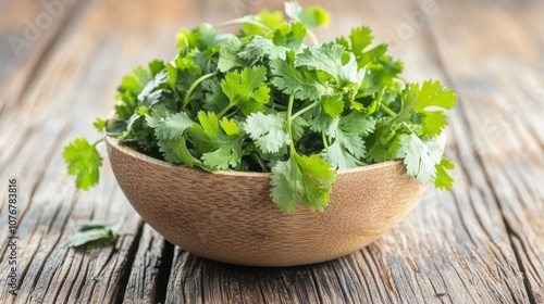 Fresh cilantro leaves in a wooden bowl on a rustic table.