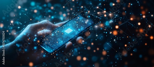 A hand holding a smartphone displaying a digital payment app with QR code ready to be scanned symbolizing mobile payments and modern transaction convenience with side empty space for text Stockphoto