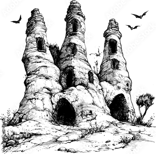 Hand-drawn illustration of a whimsical rock formation with three towers, shaped like a castle, with bats flying around.