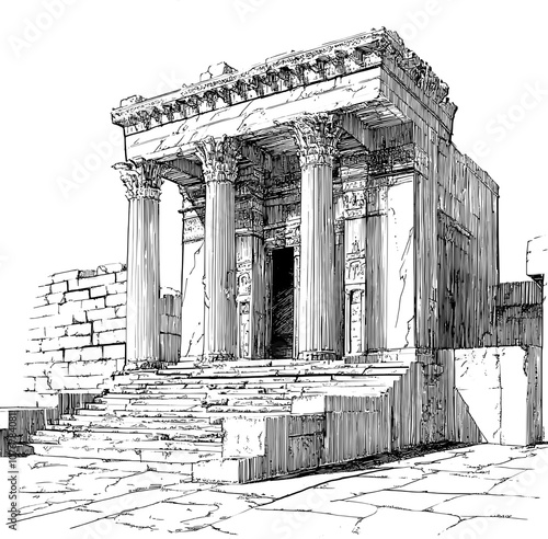 Hand-drawn illustration of an ancient Greek temple with detailed columns and an entrance.