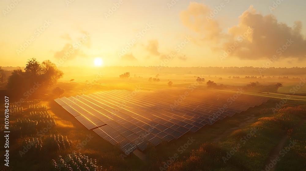 Expansive solar panel farm at sunrise, golden light reflecting off the panels, mist hovering over the fields, rural landscape in the background, warm sunlight casting long shadows, Expansive solar panel farm at sunrise, golden light reflecting off the panels, mist hovering over the fields, rural landscape in the background, warm sunlight casting long shadows,