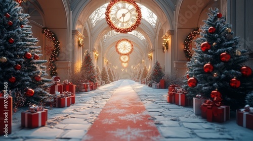 Wallpaper Mural A festive hallway adorned with Christmas decorations, trees, and gifts in a winter setting. Torontodigital.ca