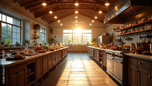 Sunlit spacious kitchen interior with wooden beams, large windows, and terracotta floor tiles. Generative, AI,