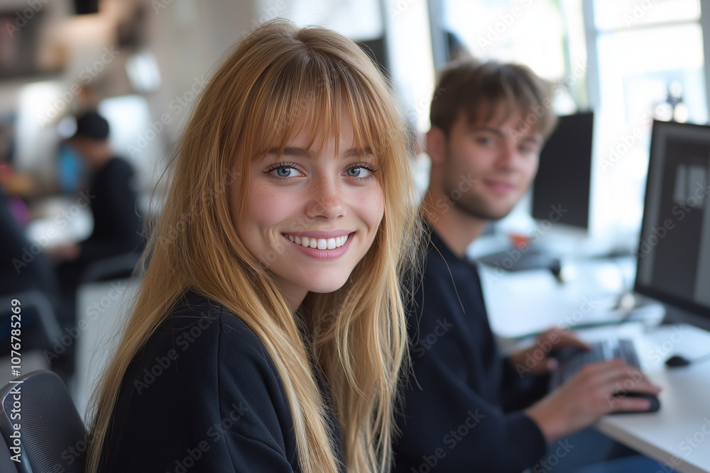 In the office of an IT company in Copenhagen, two young, smiling people sit at their desks and work on computers. The woman has long, blonde hair with straight bangs, wears black , In the office of an IT company in Copenhagen, two young, smiling people sit at their desks and work on computers. The woman has long, blonde hair with straight bangs, wears black ,