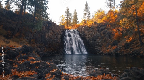 A picturesque waterfall surrounded by vibrant autumn trees, leaves scattered across the rocks, and a clear sky above