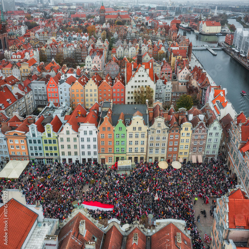 Aerial view of Main town in Gdansk during independence day celebrations in Poland at November 11. photo