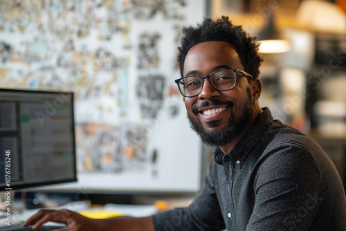 A Black male designer, wearing glasses and a short beard, is smiling while sitting at his desk in an open-space office. He is working on computer design projects using a graphic ta photo