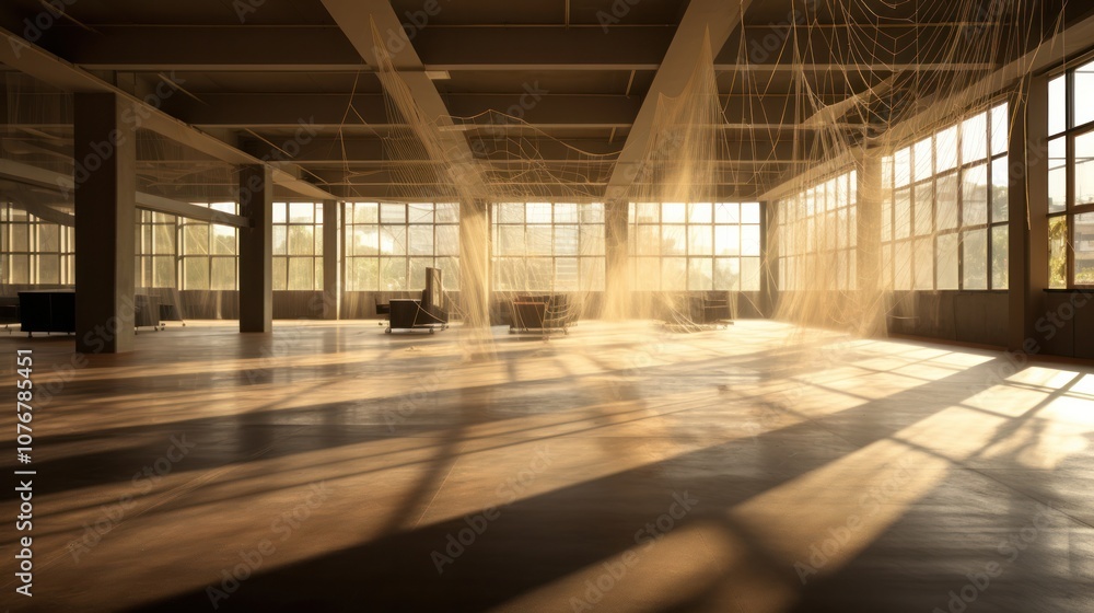 A large, empty office room with spider webs spanning across the windows and office partitions, bathed in the soft glow of natural light A large, empty office room with spider webs spanning across the windows and office partitions, bathed in the soft glow of natural light