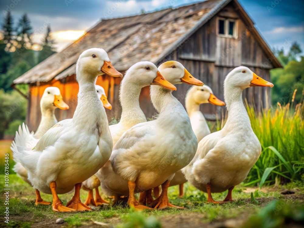 Charming Scene of Pekin Ducks Standing Together on Farm, Emphasizing Their Unique Features and Farm Life Atmosphere in a Serene Environment Charming Scene of Pekin Ducks Standing Together on Farm, Emphasizing Their Unique Features and Farm Life Atmosphere in a Serene Environment