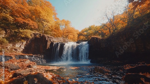 A picturesque waterfall surrounded by vibrant autumn trees, leaves scattered across the rocks, and a clear sky above