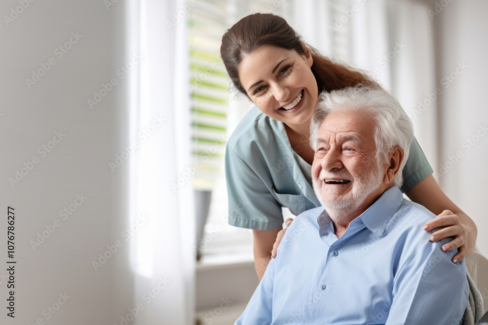 Caring female doctor embracing helping happy senior male disabled patient adult affectionate togetherness. Caring female doctor embracing helping happy senior male disabled patient adult affectionate togetherness.