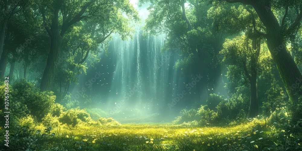 Tranquil Forest with Majestic Waterfall Surrounded by Lush Greenery and Soft Sunlight Filtering Through Vibrant Foliage in a Serene Natural Setting Tranquil Forest with Majestic Waterfall Surrounded by Lush Greenery and Soft Sunlight Filtering Through Vibrant Foliage in a Serene Natural Setting