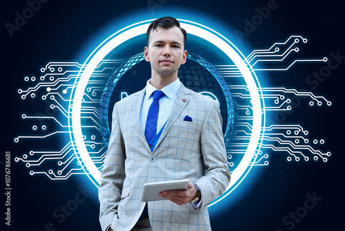 Trader man in suit holding digital tablet computer