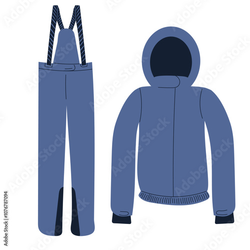 Winter skiing suit for mountain sport in blue color. Hand drawn vector illustration in flat style on white background. Ski, snowboard suit with hood. Warm waterproof and windproof clothes