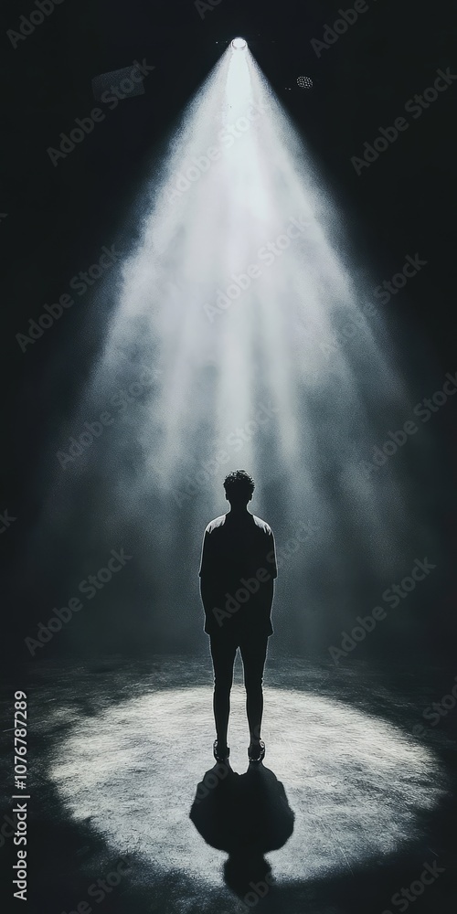 Fototapeta premium A man stands in the rain with a spotlight shining on him