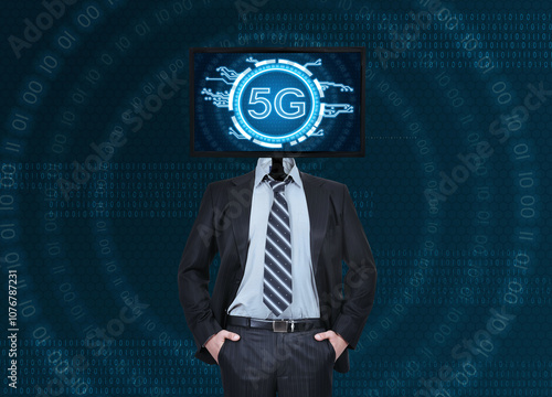 Businessman with monitor head and 5g sign