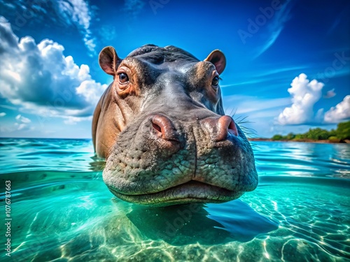 Close-Up of a Hippo Swimming in Clear Water Under Bright Sunlight, Capturing the Details of Its Skin and Expression in a Natural Habitat, Ideal for Wildlife Photography and Conservation Themes photo