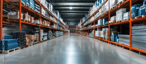 Panel kuchenny z motywem Empty warehouse aisle with shelves full of boxes and merchandise.