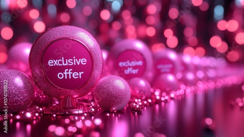 A vibrant display of pink spheres promoting an exclusive offer in a festive setting.