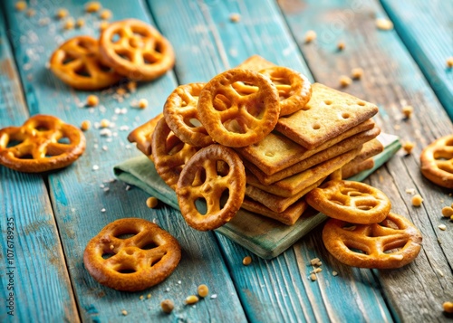 Close-Up of Delicious Pretzel Crackers on a Light Blue Wooden Table, Perfect for Snack Time or Party Platter, Showcasing Their Crunchy Texture and Golden Brown Color photo