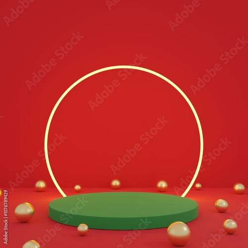 Merry Christmas and happy new year , podium studio for products with copy space, product stand, 3D rendering	
