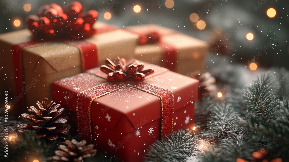 Festive gifts adorned with ribbons and pinecones, set against a snowy backdrop. Festive gifts adorned with ribbons and pinecones, set against a snowy backdrop.