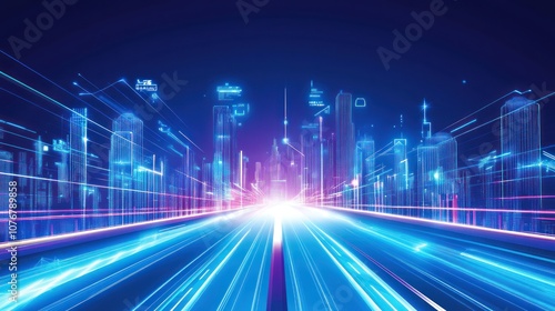 Digital Cityscape with Bright Lights and Speed