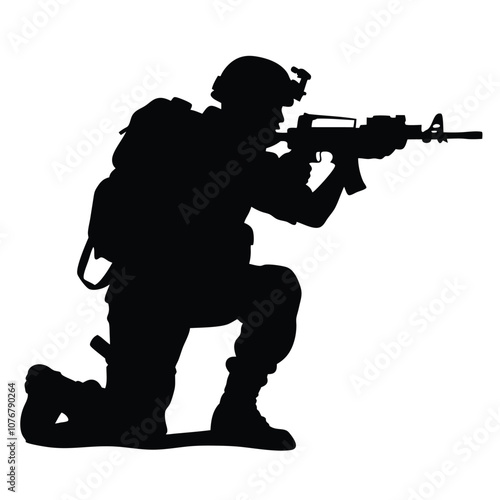 A soldier is crouching down and holding a rifle. He is wearing a backpack. The soldier is in the middle of a white background