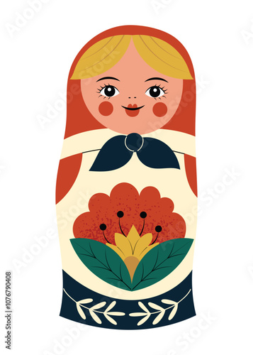 Retro Russian toy Matryoshka. Nesting doll Babushka. Hand drawn isolated vector illustration