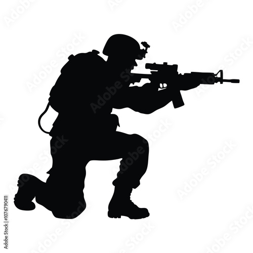 A soldier is crouching down and holding a rifle. He is wearing a backpack. The soldier is in the middle of a white background